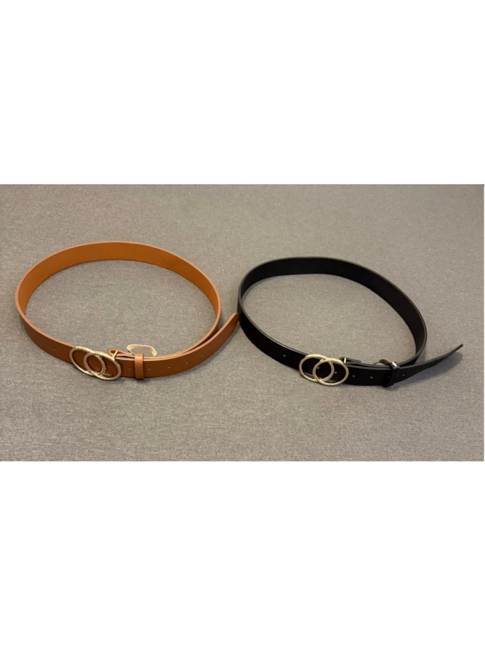 2 faux leather belts distinctive gold-toned double O-ring buckle black brown